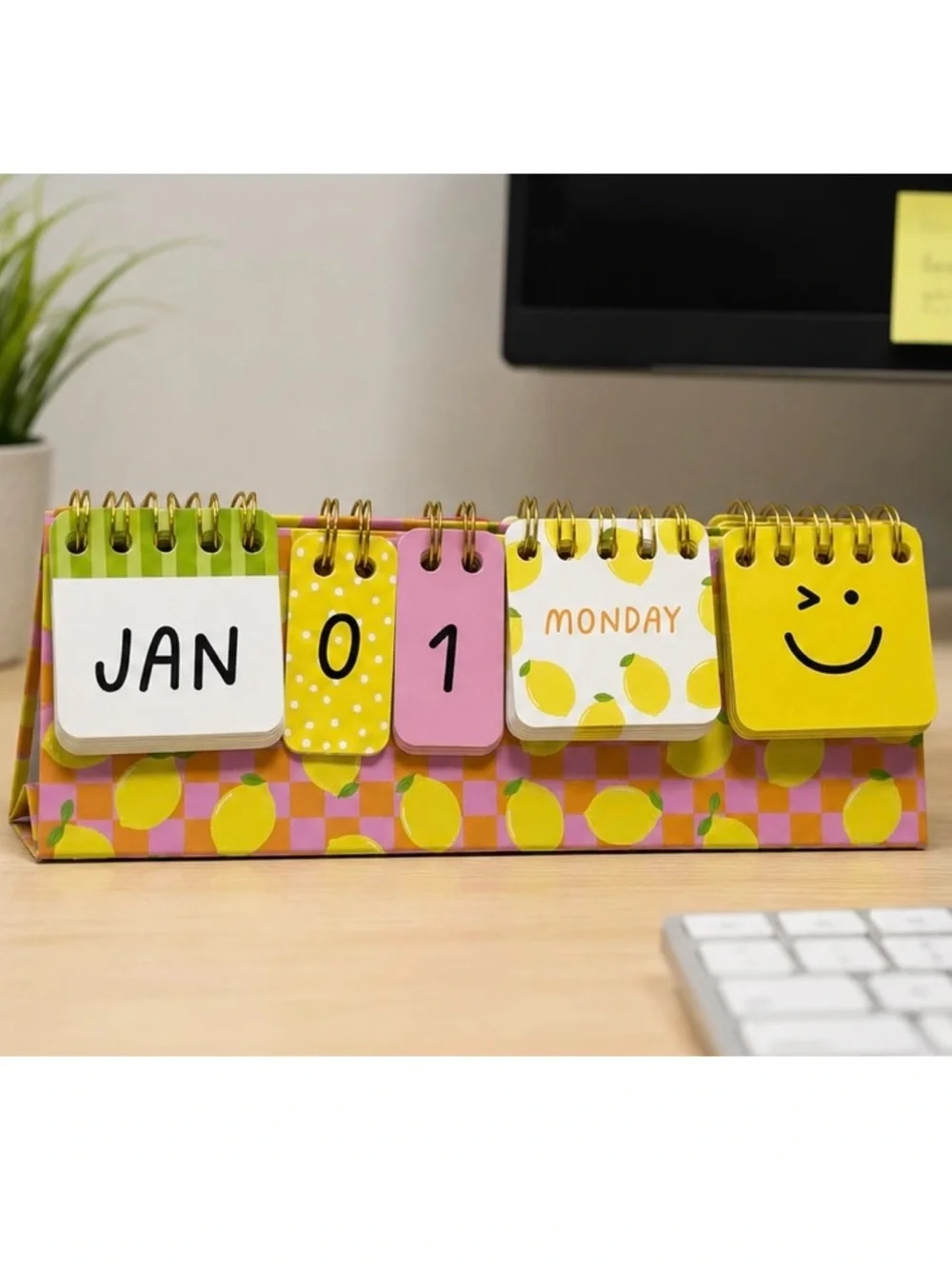 Lemon Print Perpetual Flip Desk Calendar Cute Office Decor NEW